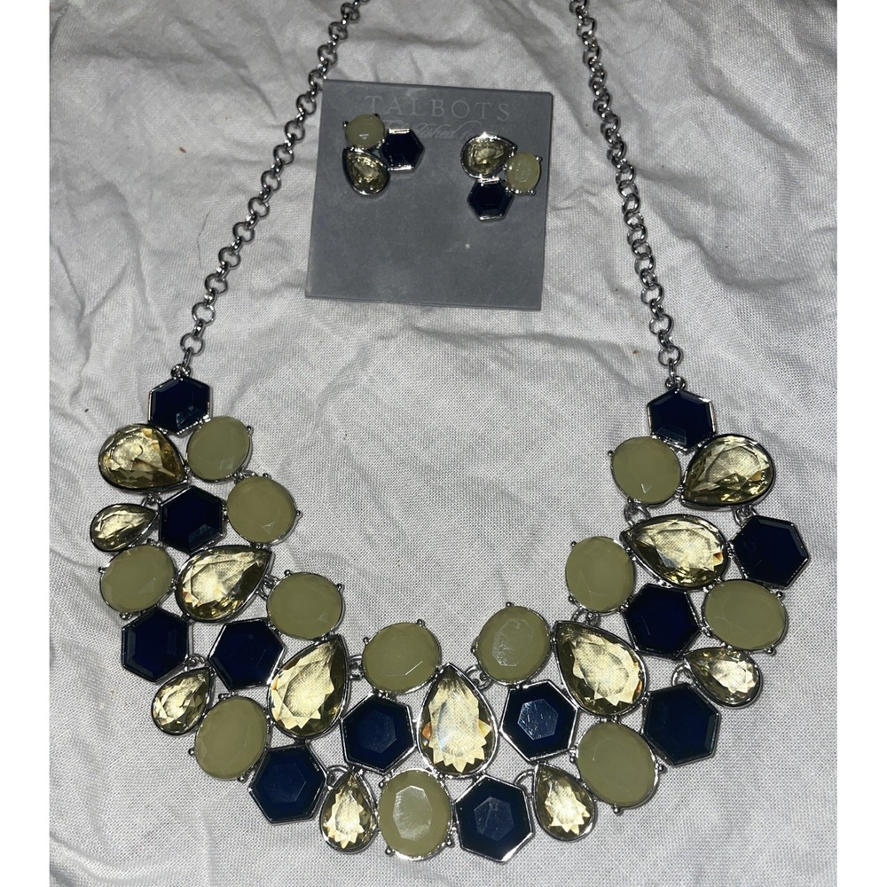Talbots Statement Necklace Earrings Green Black Faceted Stones Silver Tone NWT